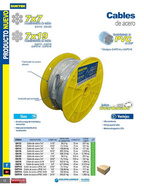 Cable acero PVC 7x19 3/16"x76m Surtek CAP216
