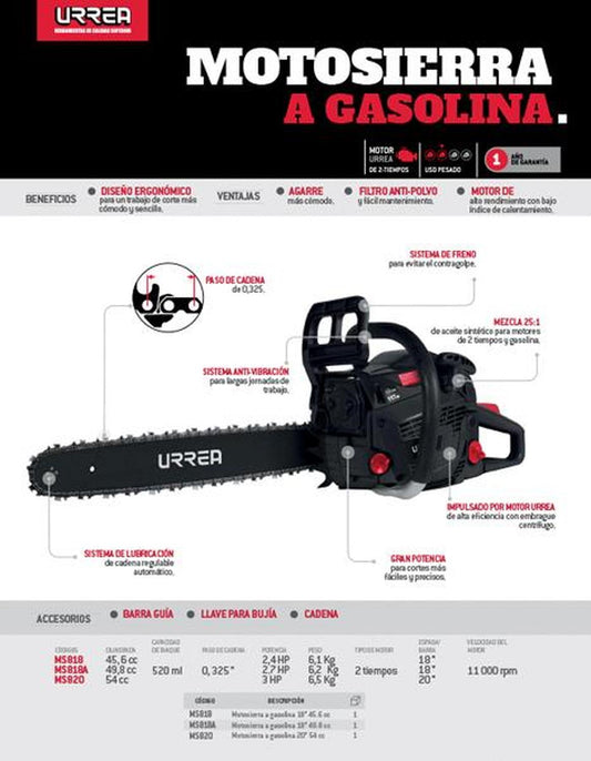 Motosierra gasolina 3HP, paso cadena 0.325" espada 20" Urrea MS820