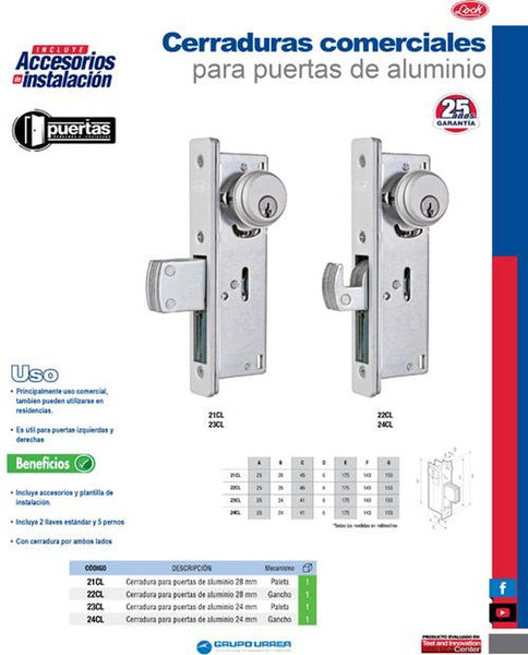 Cerradura para puerta de aluminio 28mm función paleta Lock 21CL