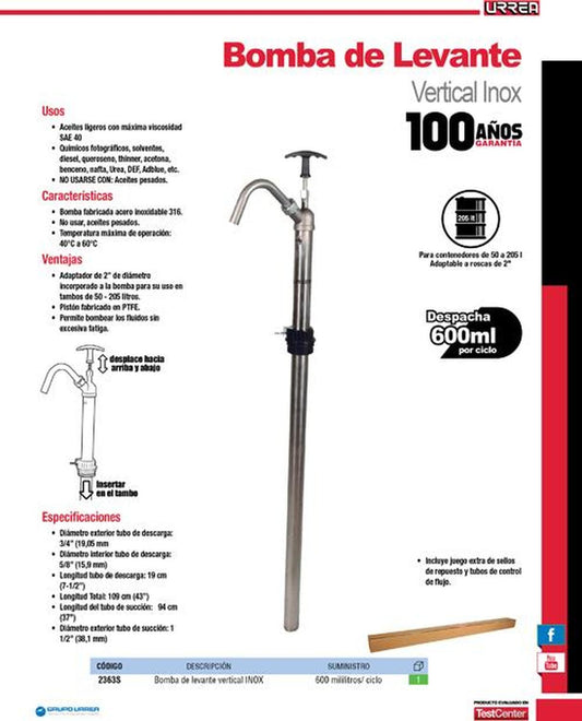 Bomba extractora vertical de acero inoxidable Urrea 2363S