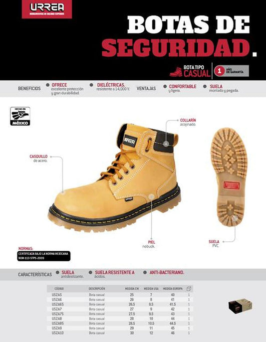 Botas de seguridad casuales casquillo acero talla 8MX Urrea USZA8