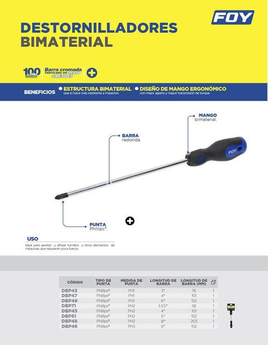 Destornillador bimaterial Phillips 3/16"x6" Foy DBP49