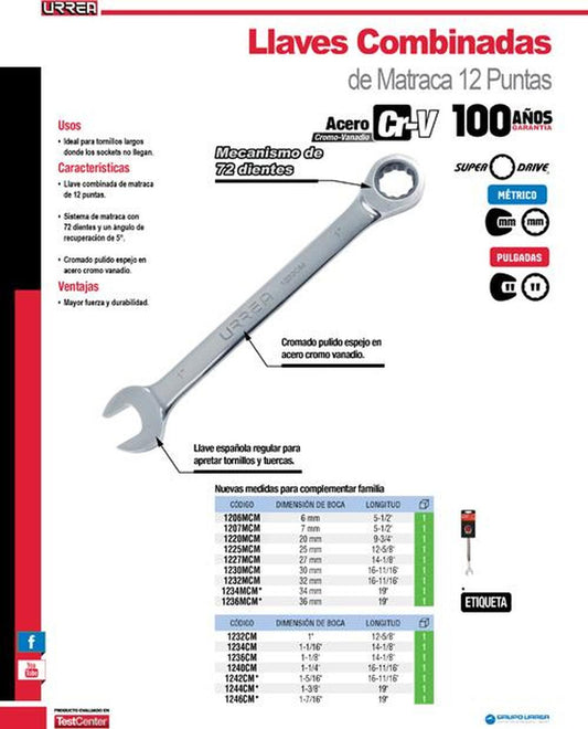 Llave combinada con matraca 6mm Urrea 1206MCM