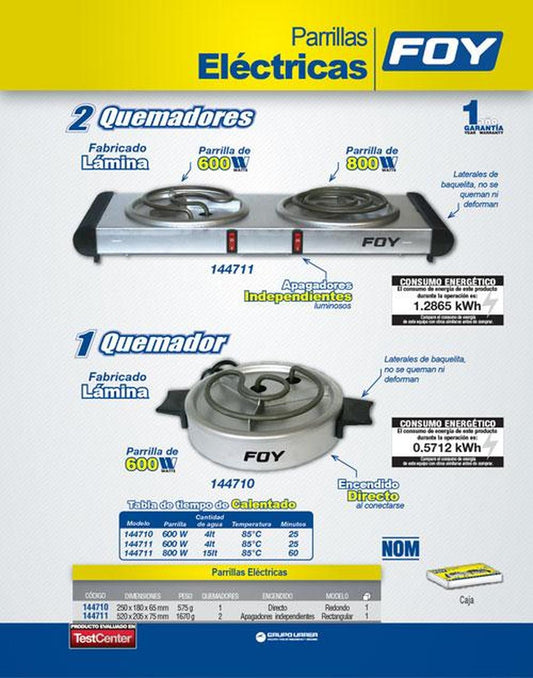 Parrilla eléctrica 1 quemador con asa Foy 144710