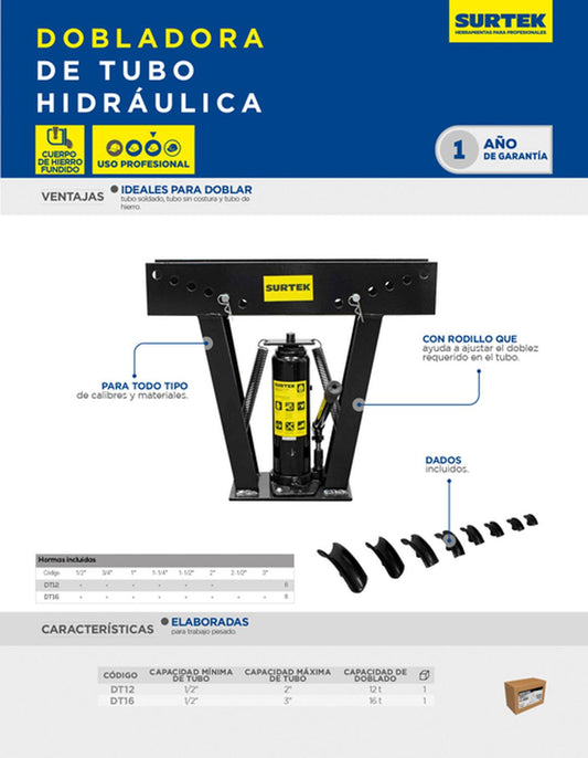 Dobladora hidráulica para tubo, 1/2" a 3", 16 ton, Surtek DT16