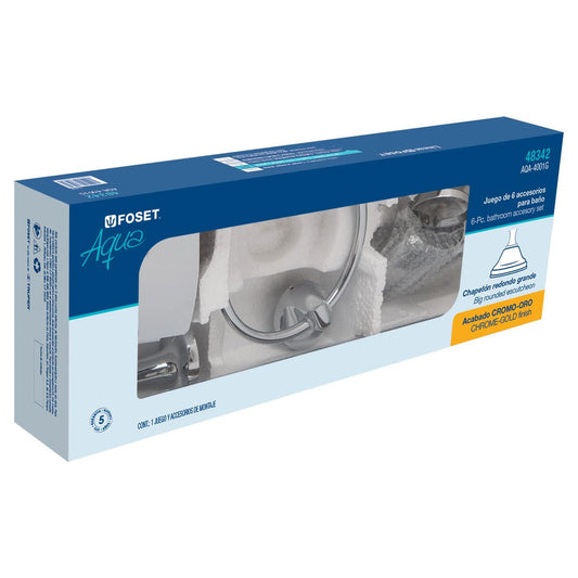 Jgo de acc p/baño con jabonera vidrio,cromo/oro,6 pzas, Foset 48342