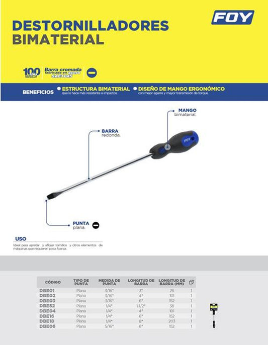 Destornillador bimaterial plana 1/4"x1-1/2" Foy DBE52