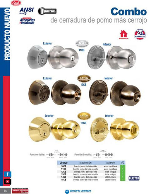 Combo pomo bola y cerrojo doble tubular latón brillante Lock 14CB