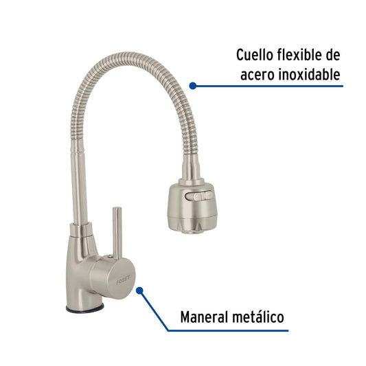 Monomando para fregadero con cuello flexible, satín, Tubig, Foset 47387