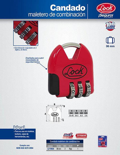 Candado de combinación digital maletero 36 mm rojo Lock L21M36