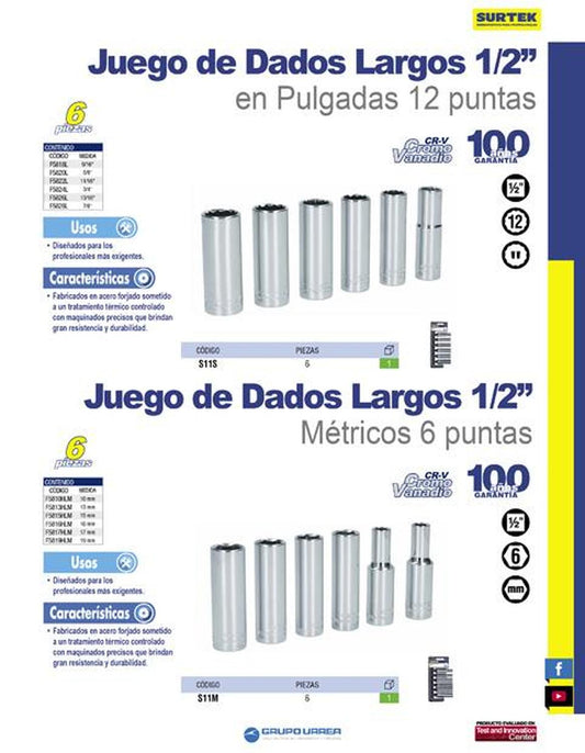 Juego de 6 dados largos milimétricos 1/2" Surtek S11M