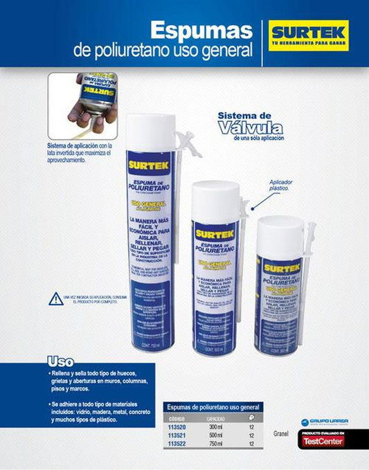 Espuma de poliuretano uso general 500 ml Surtek 113521