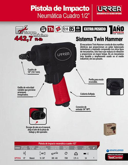 Pistola impacto neumática 1/2" 442.7ft-lb twin hammer Urrea UP731A