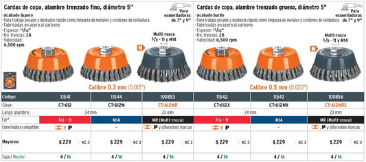 Carda de copa, alambre trenzado grueso , 5', Multi rosca 100856