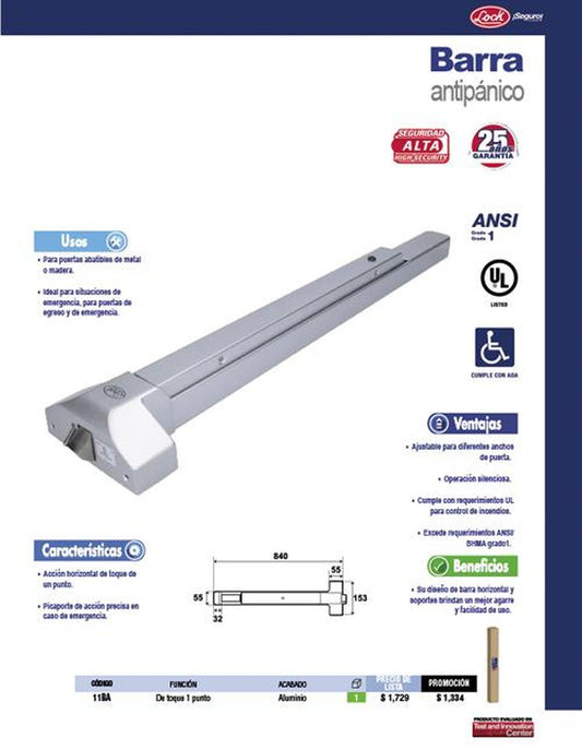 Barra antipánico de toque, un punto Lock 11BA