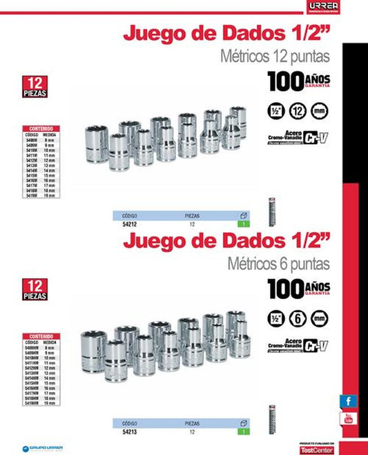 Juego de 12 dados metricos boca 1/2" de 12 puntas Urrea 54212