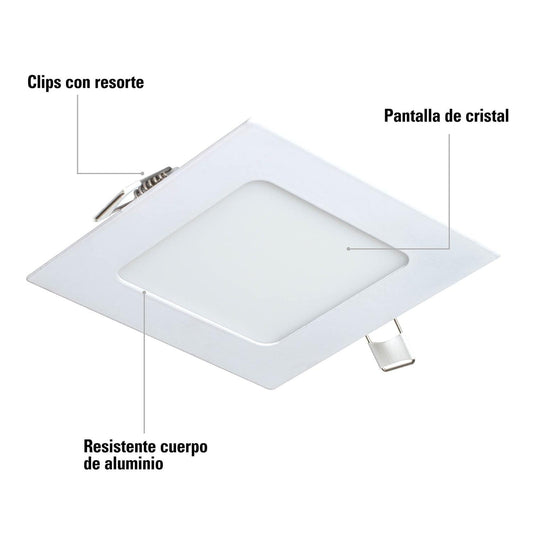 Luminario ultradelgado cuadrado p/empotrar 6W, luz cálida Volteck 47406