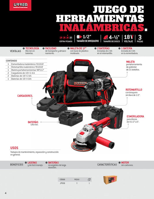 Juego de rotomartillo y esmeriladora a batería Litio-ion 18 V, 3 piezas Urrea JPI06
