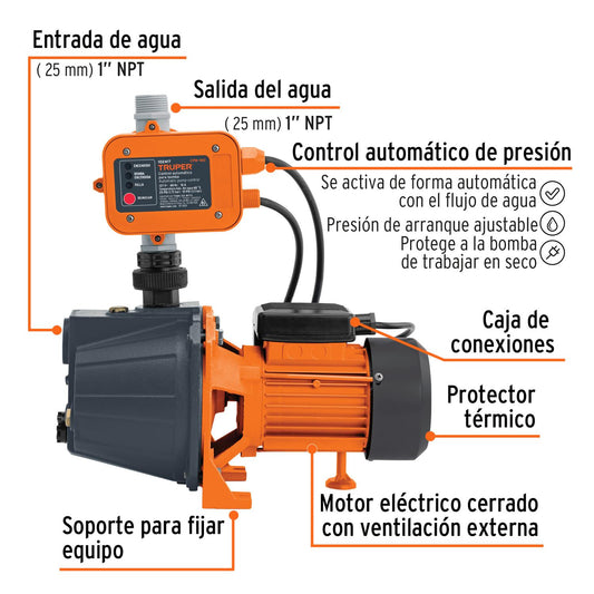 Bomba presurizadora jet hierro 1/2 HP con control, Truper 102856