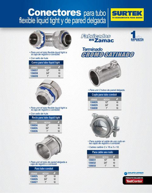 Conector recto para tubo liquid tight 3/4" Surtek 136835