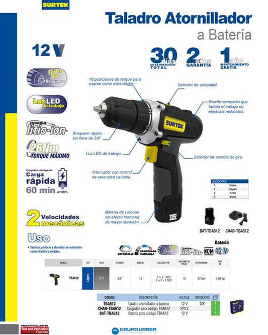 Cargador de batería para rotomartillo entrada de 120V Surtek CHAR-RB618