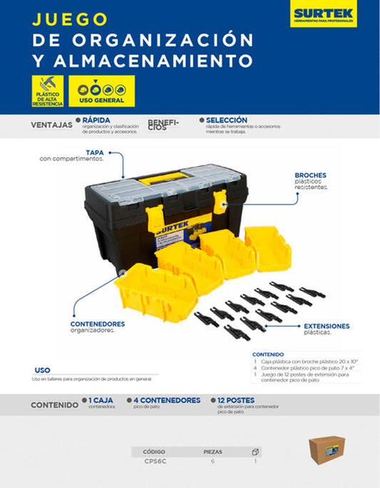 Juego de cajas portaherramientas plásticas, 6 piezas, Surtek CPS6C