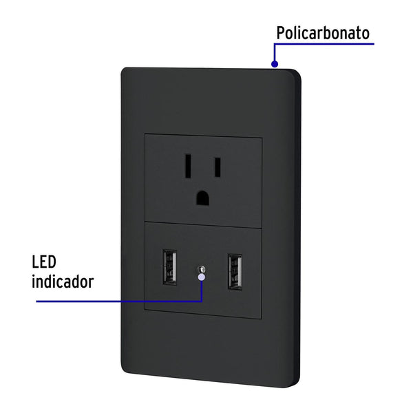 Placa armada negra contacto y 2 puertos USB 1.5 mód, Lisboa, Volteck 47904