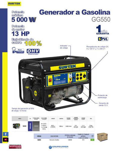 Generador a gasolina 5000W, 389cc, capacidad 25 L Surtek GG550