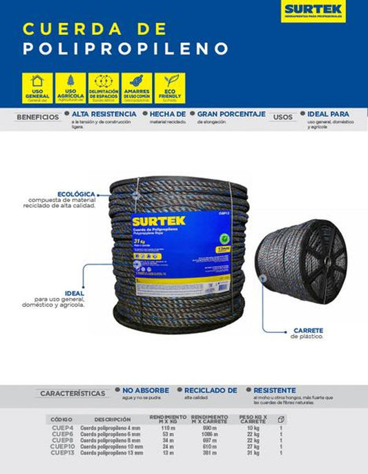 Cuerda polipropileno reciclado diámetro 8 mm, 22 KG Surtek CUEP8