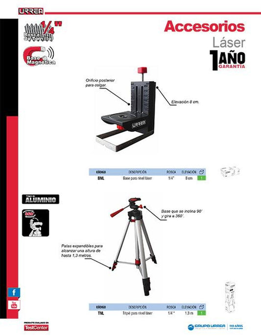 Base para nivel láser rosca 1/4", elevación de8cm Urrea BNL