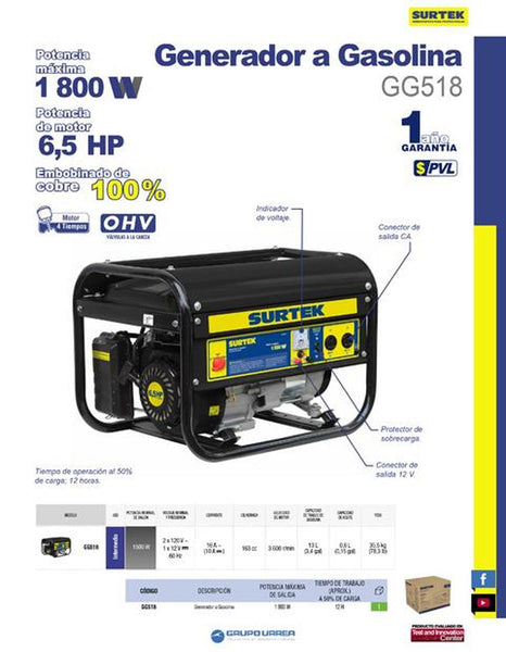 Generador a gasolina 120V 163cc 1800W, capacidad 13 L Surtek GG518