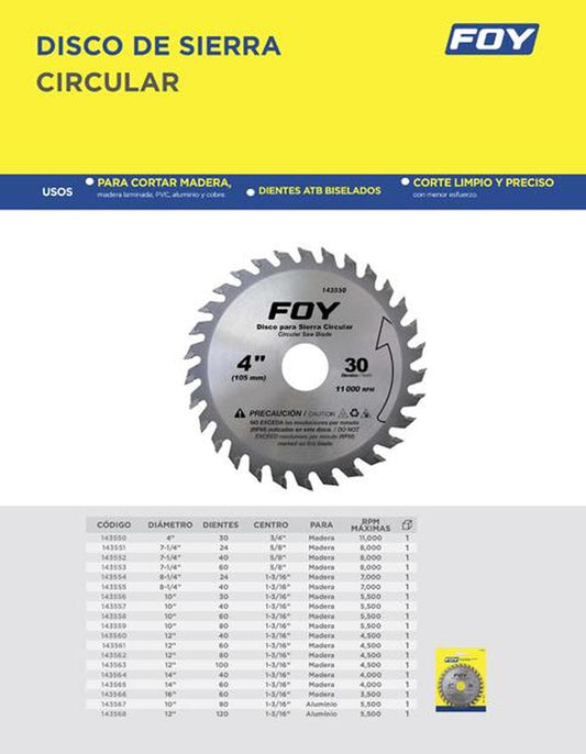 Disco p/sierra circular 10" centro 1-3/16", 40 dientes FOY 143557