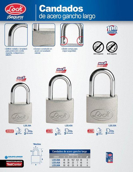 Candado de acero largo llave estándar 50mm en caja Lock L22L50A