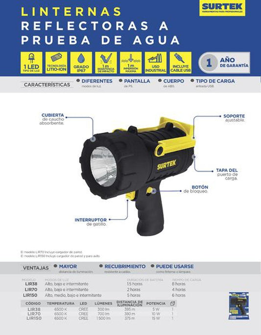 Linterna reflectora a prueba de agua 1500lm Surtek LIR150