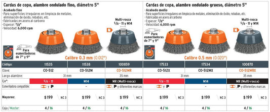 Carda de copa, alambre ondulado grueso, 5', Multi rosca 100870