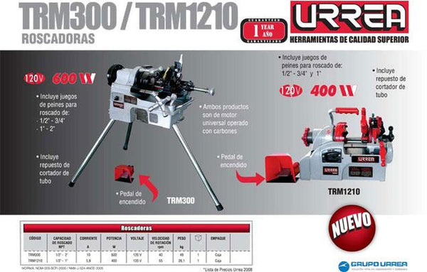 Máquina roscadora de tubo 1/2"-2" 600W Urrea TRM300