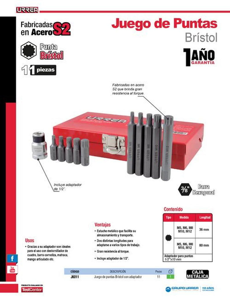 J6011 Juego de puntas Bristol hexágono 3/8 adaptador 1/2 Urrea