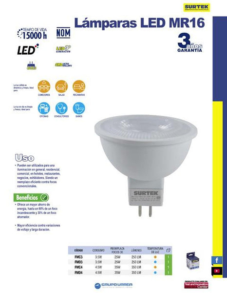 Foco LED MR16 4.5W luz cálida base GU5.3 Surtek FMC4