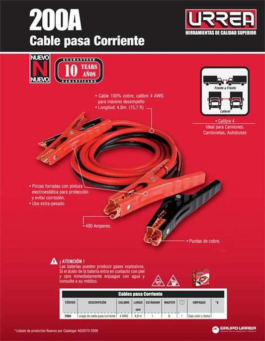 Juego cables para pasar corriente calibre 4 long 15.7' Urrea 200A