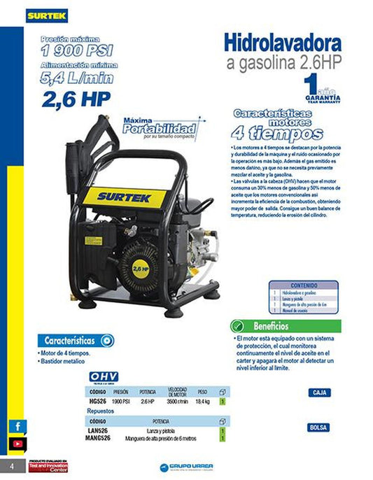 Hidrolavadora gasolina 2.6HP Surtek HG526