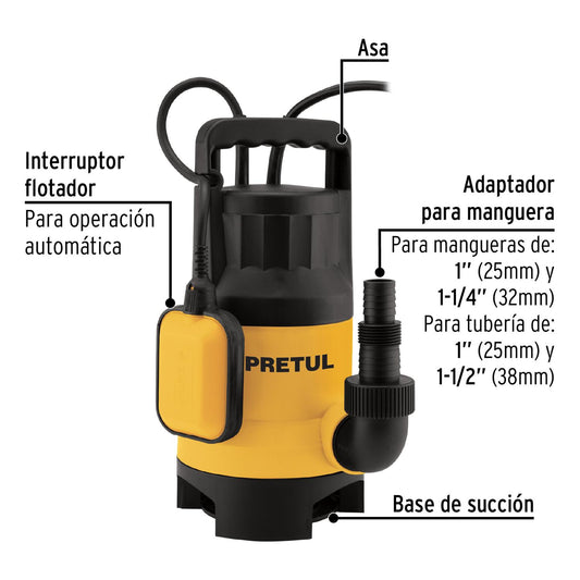 Bomba sumergible plástica 1 HP para agua sucia, Pretul 27198