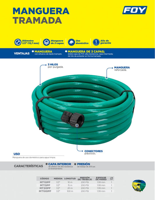 Manguera para jardín tramada con conector plástico 1/2", 15 m Foy MT15PF