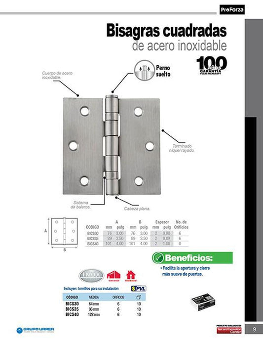 Bisagra cuad inox 3x3" Proforza BICS30