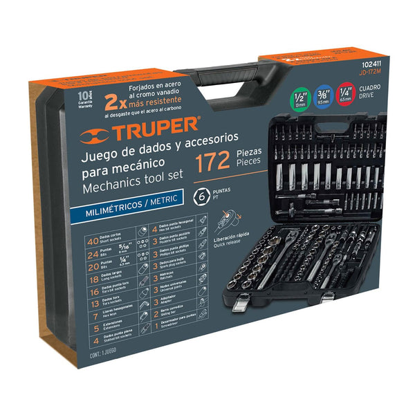 Juego de 172 herramientas 1/4', 3/8' y 1/2' mm p/mecánico, Truper 102411