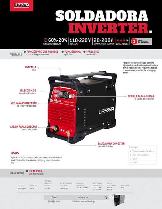 Soldadora inverter preseteo automático, bi-voltaje 110/ 220 V, frecuencia 60 Hz, corriente 20-130 A/