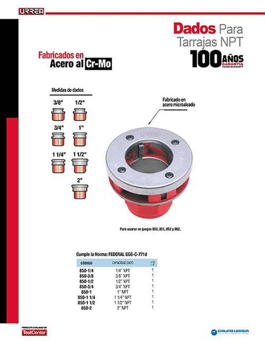 Dado para tarraja 2" NPT Urrea 850-2