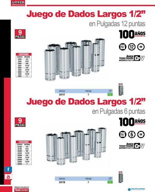 Juego de 9 dados largos en pulgadas boca 1/2" 6 puntas Urrea 54118