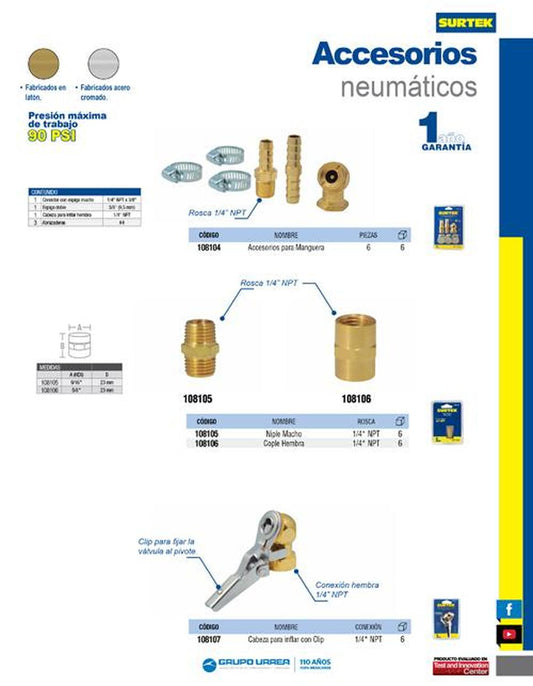 Niple macho 1/4" NPT Surtek 108105