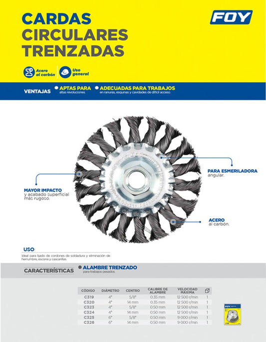 Carda circular trenzada alambre grueso 6" x 0.50 con rosca M14 FOY C326