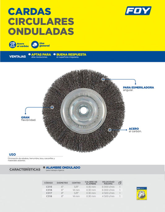 Carda circular ondulada alambre delgado 8" x 0.30 con rosca M14 FOY C318